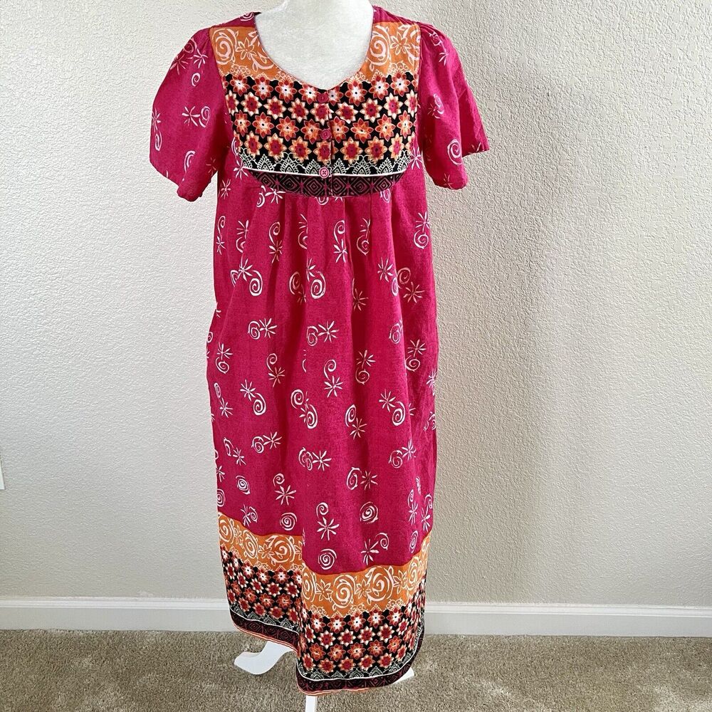 Vintage Loungees Small Pink Orange Stars Mumu House Sleep Dress Kaftan Pockets